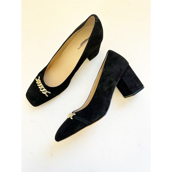 NWOB Ann Taylor Black Chain Suede Block Heel 9 - Picture 1 of 5